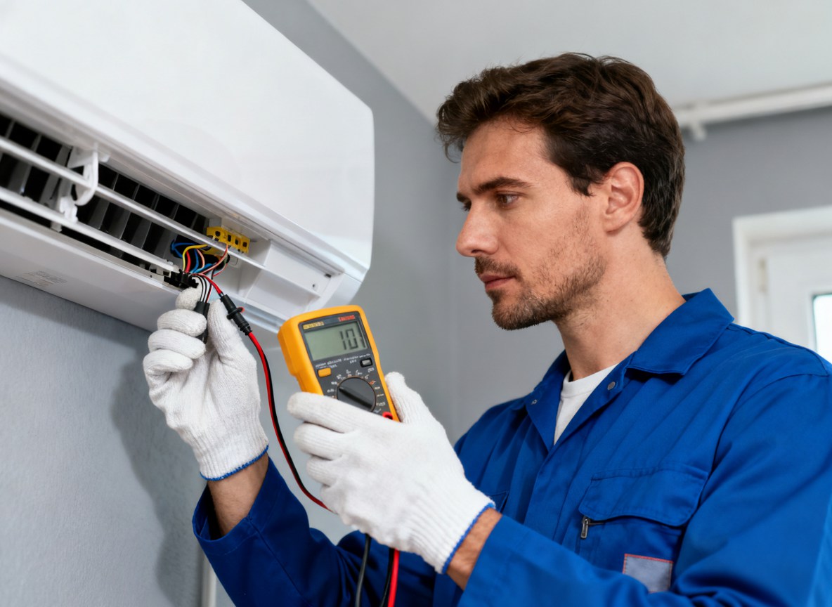 Professional HVAC technician servicing commercial air conditioning system